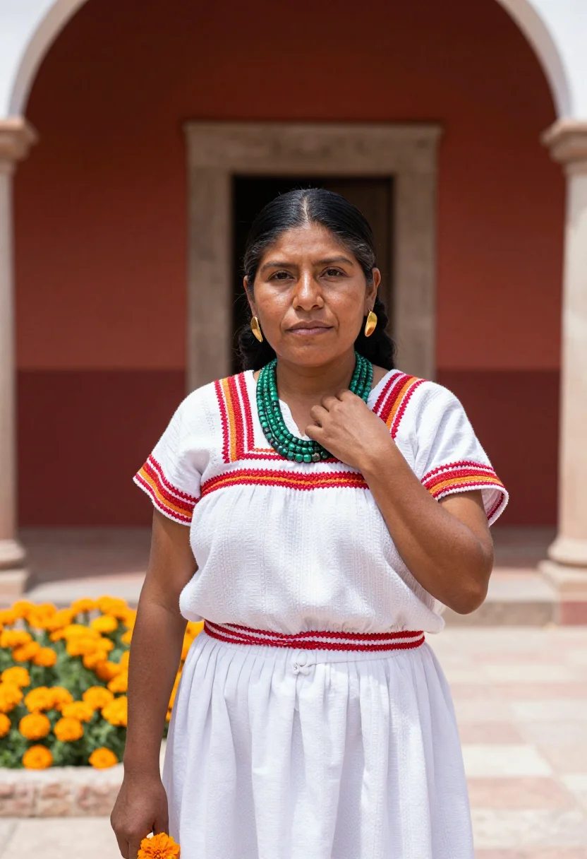 AI quetzal huipil sample — portrait of a woman, chest-up portrait of a Nahua woman with