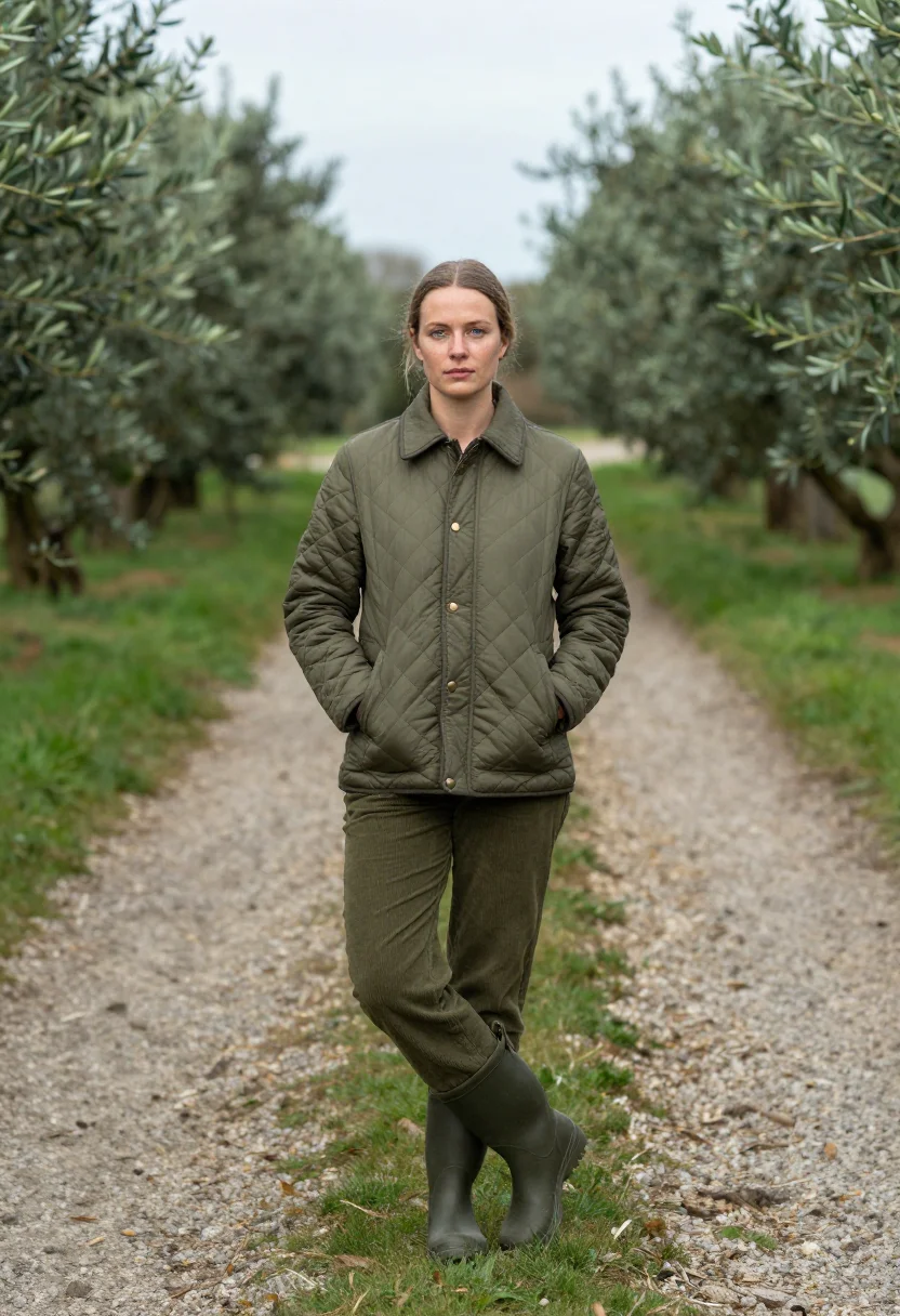 AI quilted jacket olive sample — portrait of a woman, full-length portrait of a Dutch woman i