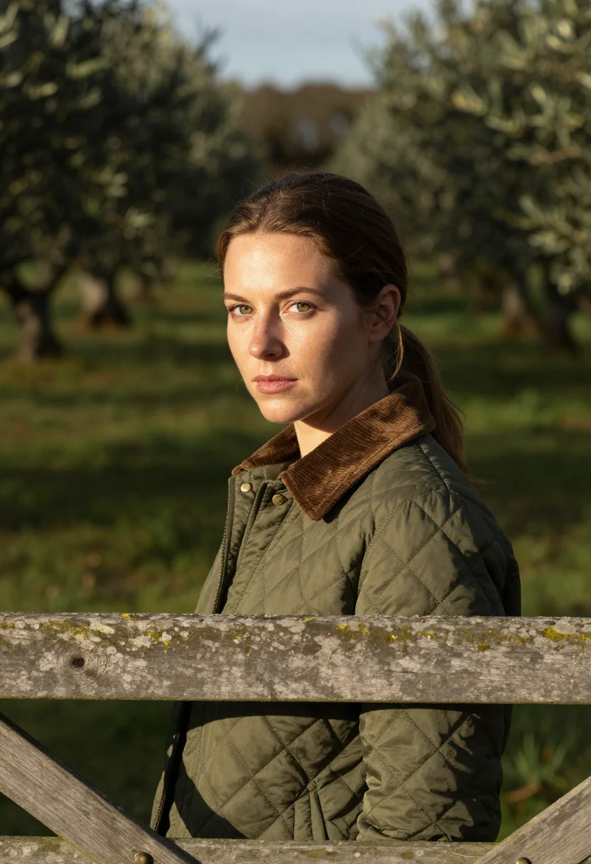 AI quilted jacket olive sample — portrait of a woman, head-and-shoulders portrait of a German