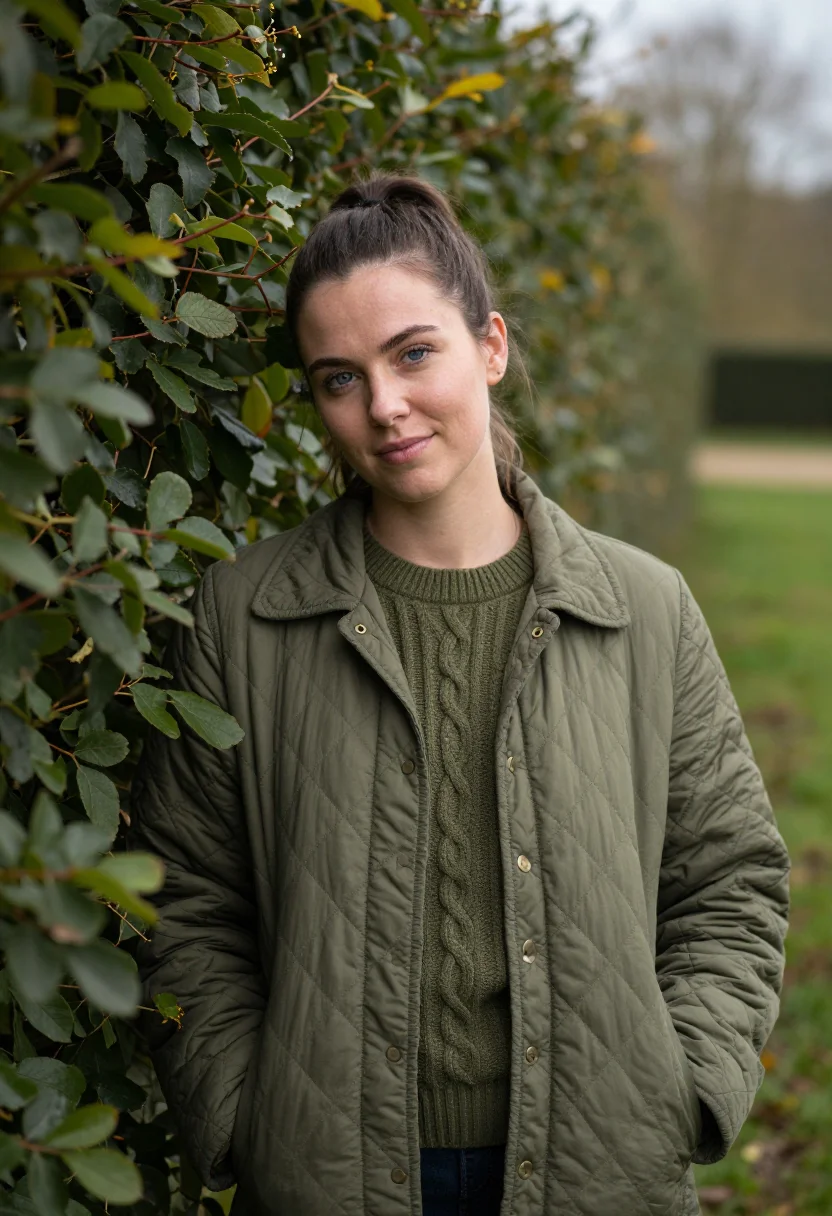AI quilted jacket olive sample — portrait of a woman, half-length portrait of a Welsh woman i