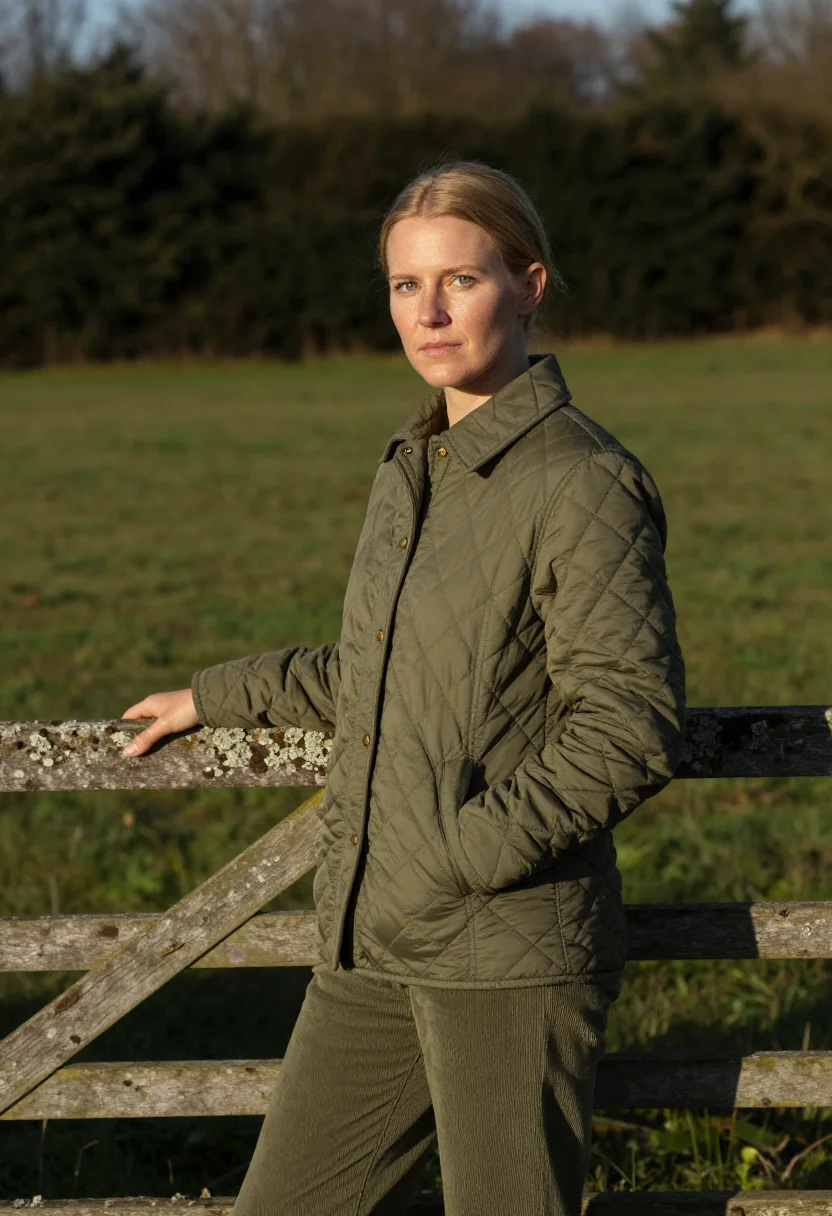 AI quilted jacket olive sample — portrait of a woman, three-quarter-length portrait of a Swed