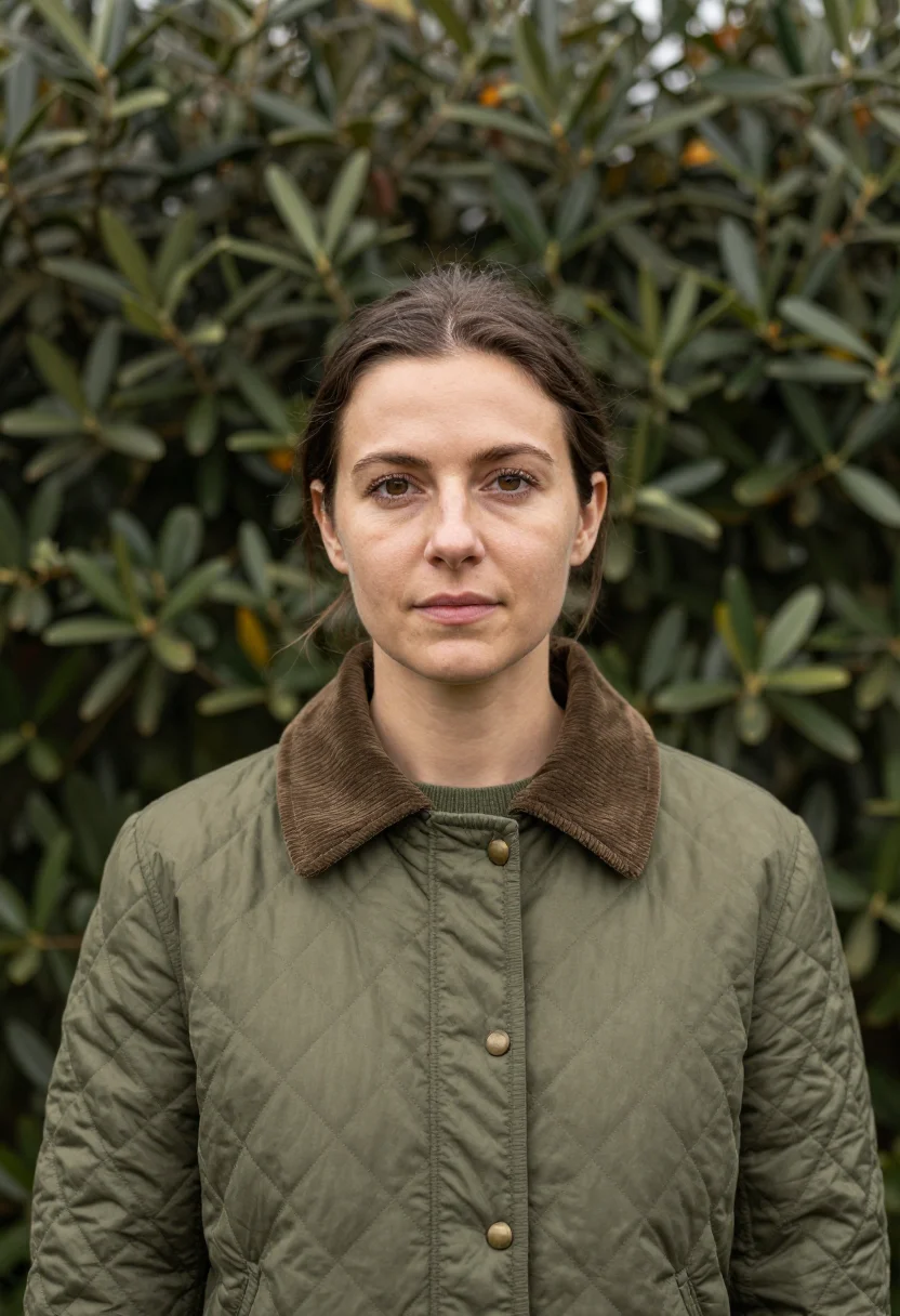 AI quilted jacket olive sample — portrait of a woman, head-and-shoulders portrait of an Engli