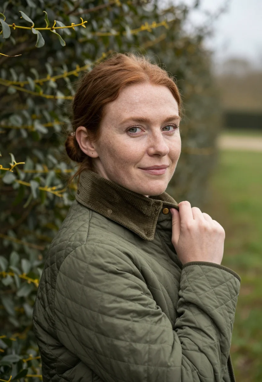 AI quilted jacket olive sample — portrait of a woman, head-and-shoulders portrait of a Scotti