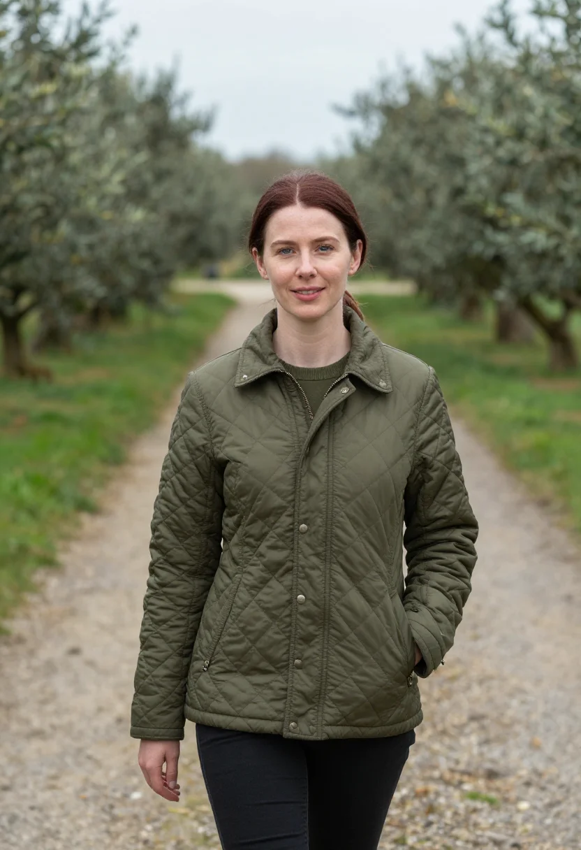 AI quilted jacket olive sample — portrait of a woman, half-length portrait of an Irish woman