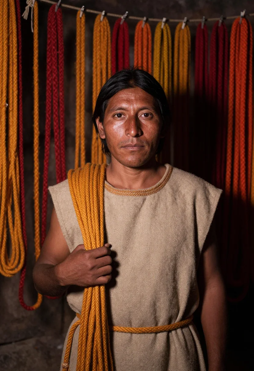 AI quipu keeper sample — portrait of a man, head-and-shoulders portrait of an Andean