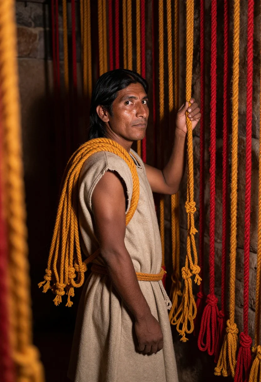 AI quipu keeper sample — portrait of a man, half-length portrait of an Andean man wit