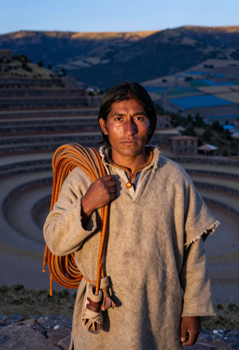 AI quipu keeper sample — portrait of a man, chest-up portrait of an Andean man with w