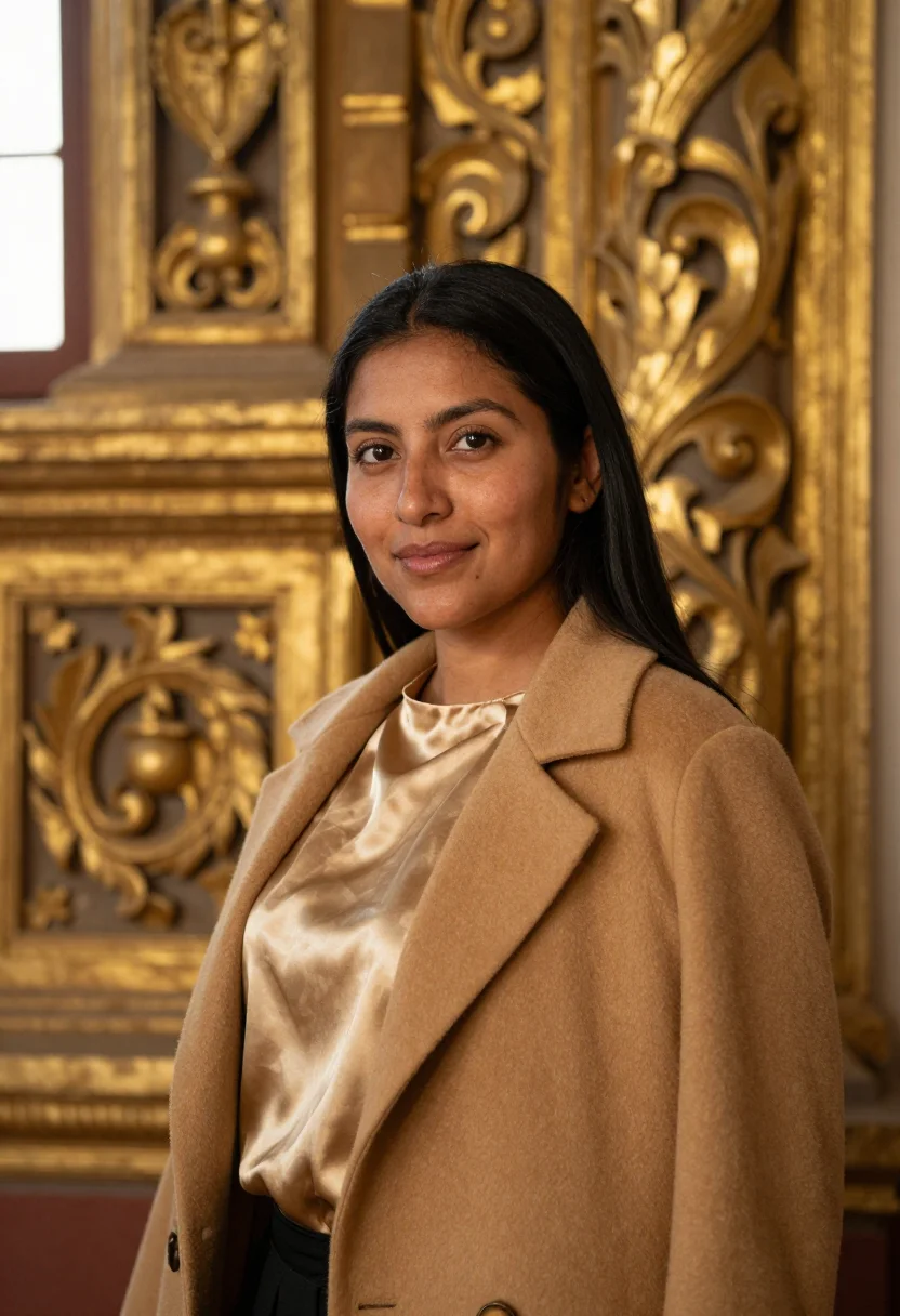 AI quito conservator gold leaf baroque sample — portrait of a woman, a Kichwa conservator from the Andes in