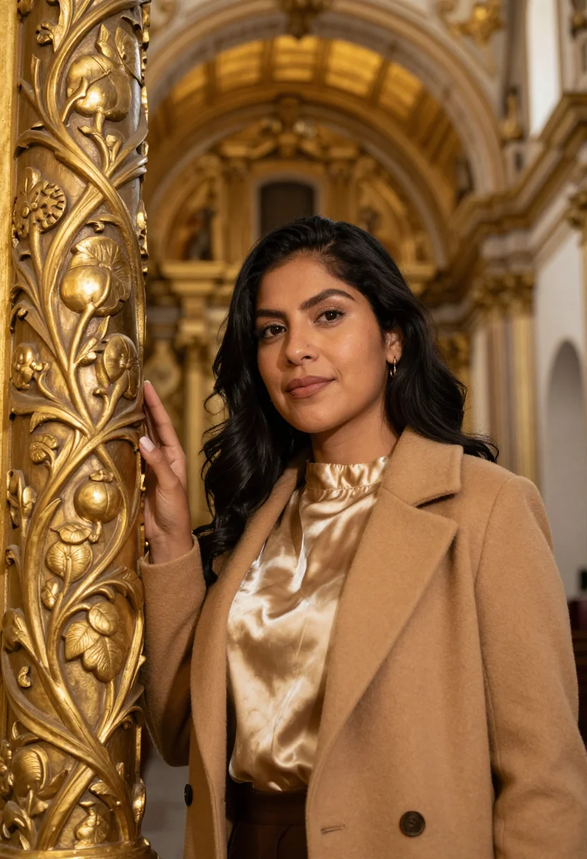 AI quito conservator gold leaf baroque sample — portrait of a woman, a mestiza Ecuadorian conservator in her