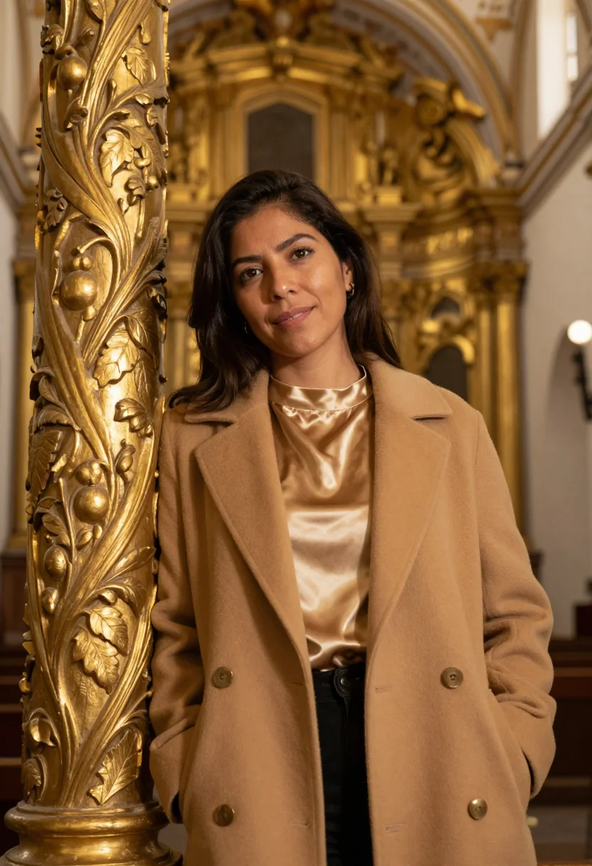AI quito conservator gold leaf baroque sample — portrait of a woman, an Ecuadorian conservator in her mid-fo