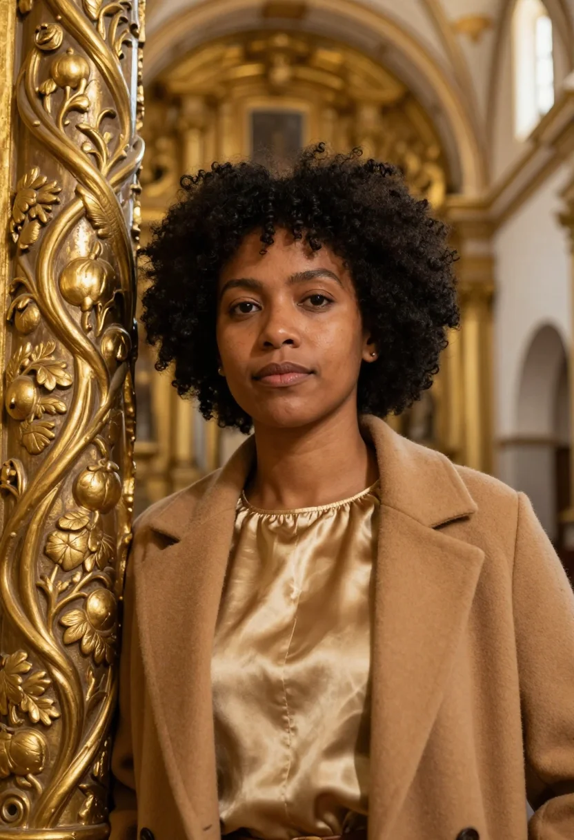 AI quito conservator gold leaf baroque sample — portrait of a woman, an Afro-Ecuadorian conservator in her e