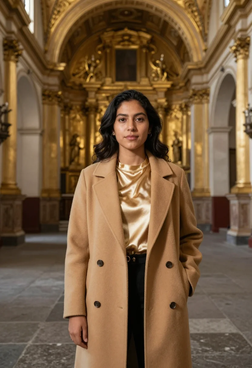 AI quito conservator gold leaf baroque sample — portrait of a woman, an Ecuadorian conservator in her mid-th