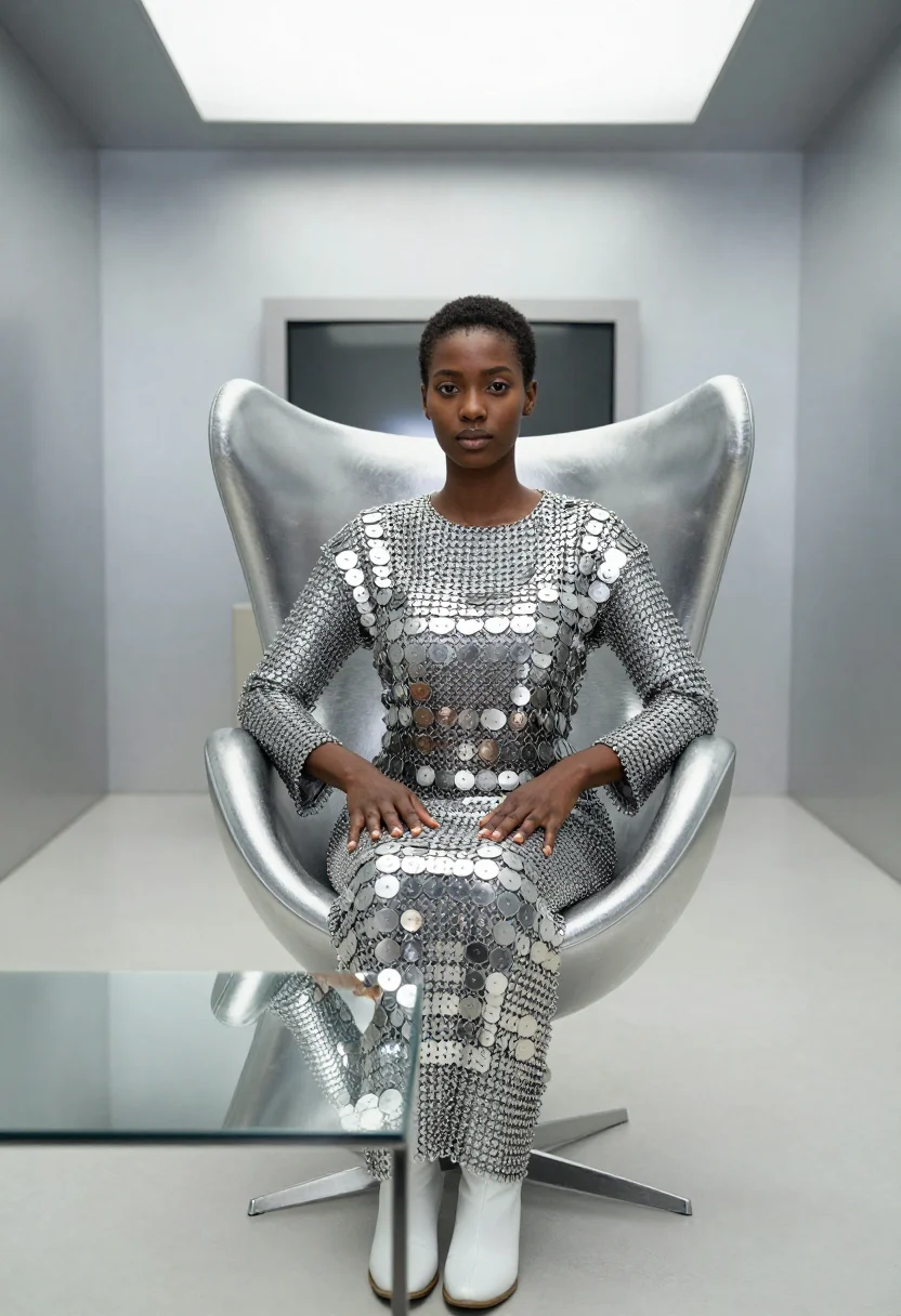 AI rabanne silver sample — portrait of a woman, waist-up portrait of a Somali-French wo