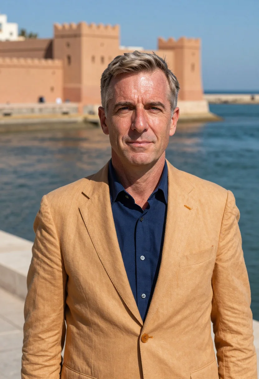 AI rabat diplomat kasbah ochre blue sample — portrait of a diplomat, a British man in his late forties wi