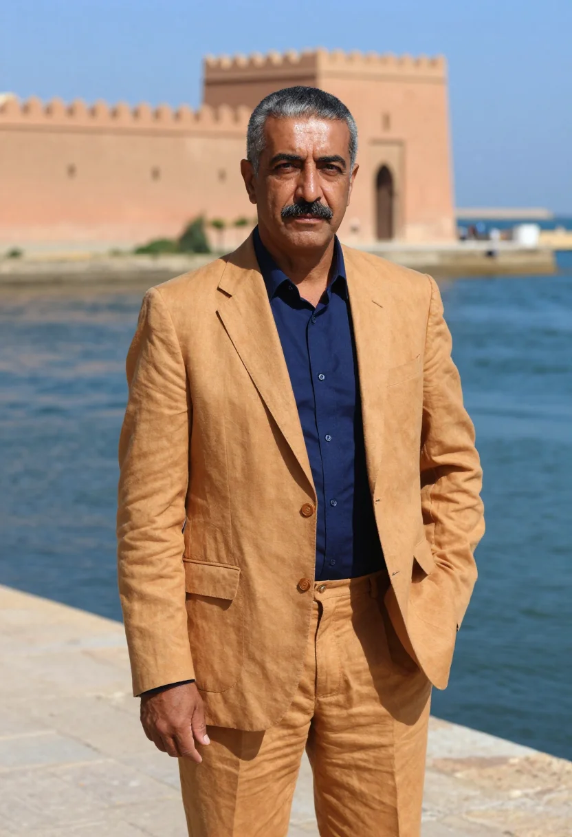 AI rabat diplomat kasbah ochre blue sample — portrait of a diplomat, a Lebanese man in his mid-fifties wi