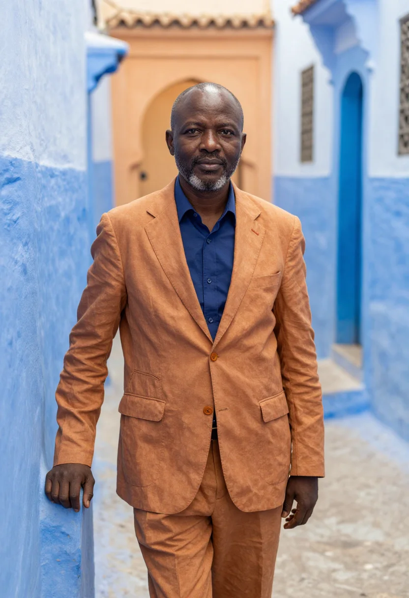 AI rabat diplomat kasbah ochre blue sample — portrait of a diplomat, a Senegalese man in his early fiftie