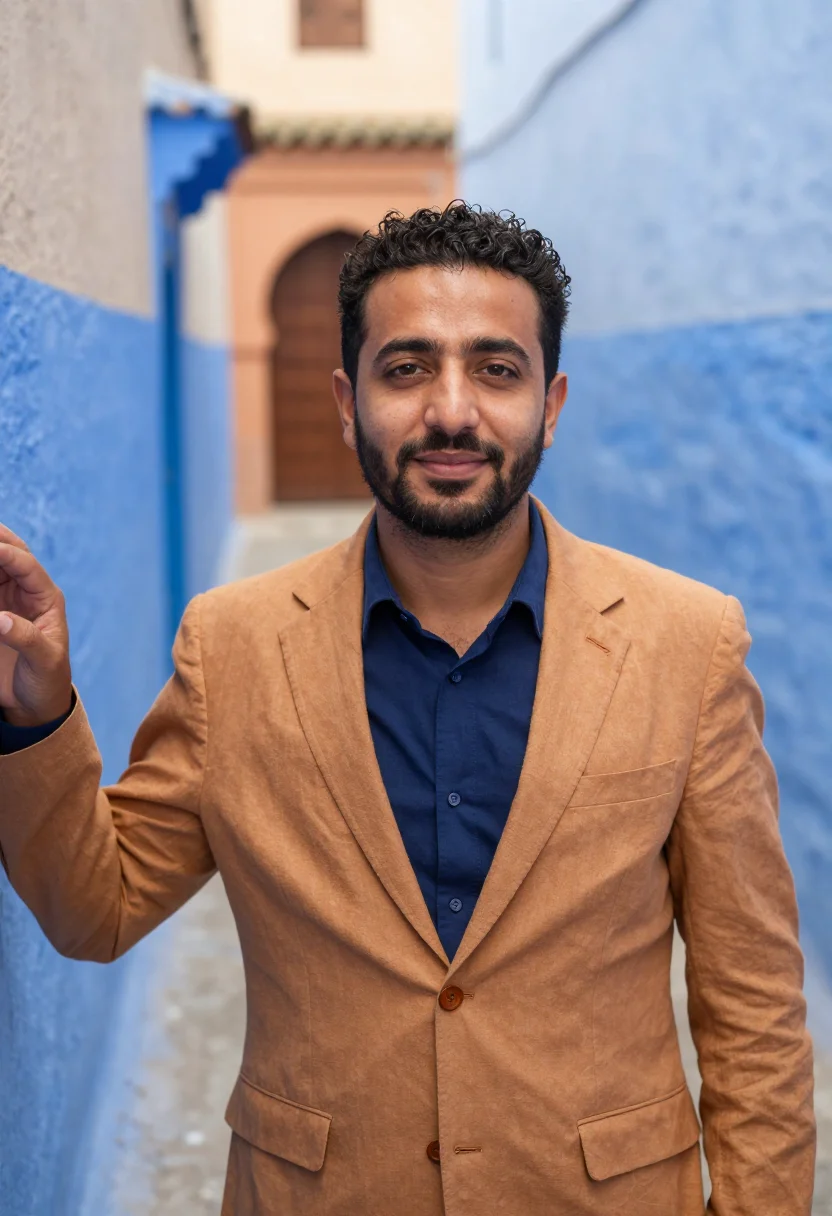 AI rabat diplomat kasbah ochre blue sample — portrait of a diplomat, a Moroccan man in his mid-forties wi