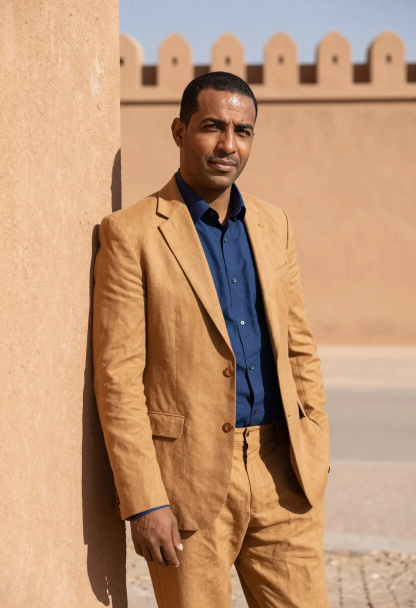 AI rabat diplomat kasbah ochre blue sample — portrait of a diplomat, a Moroccan man of Amazigh descent in