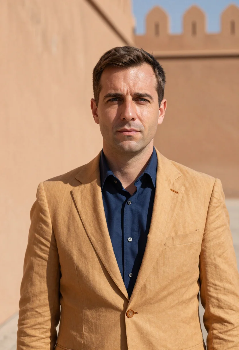 AI rabat diplomat kasbah ochre blue sample — portrait of a diplomat, a French man in his mid-forties with