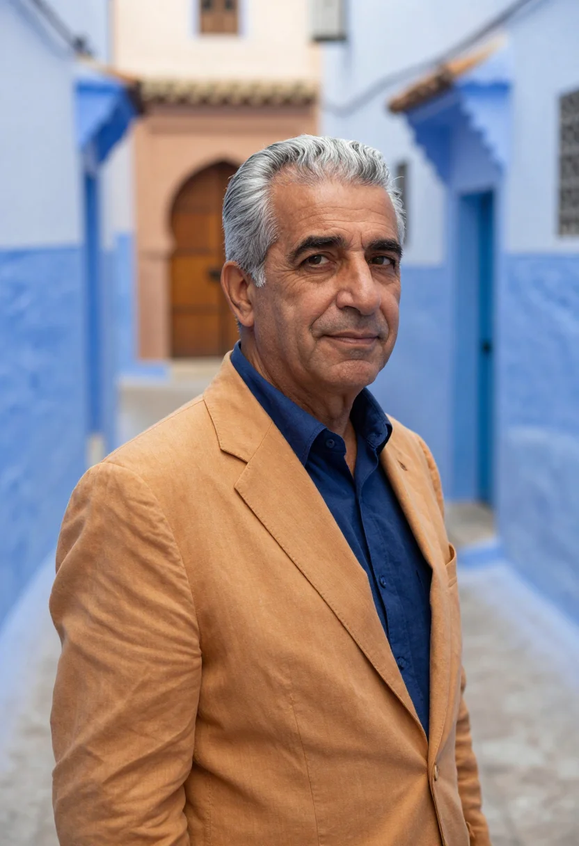 AI rabat diplomat kasbah ochre blue sample — portrait of a diplomat, a Spanish man in his early sixties w