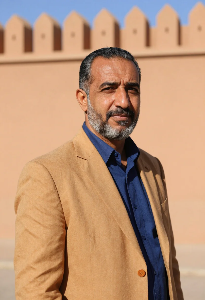 AI rabat diplomat kasbah ochre blue sample — portrait of a diplomat, a Moroccan man in his early fifties