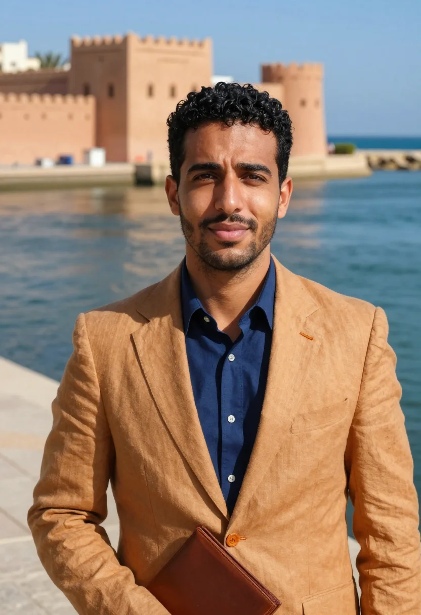 AI rabat diplomat kasbah ochre blue sample — portrait of a diplomat, a Moroccan man in his early thirties