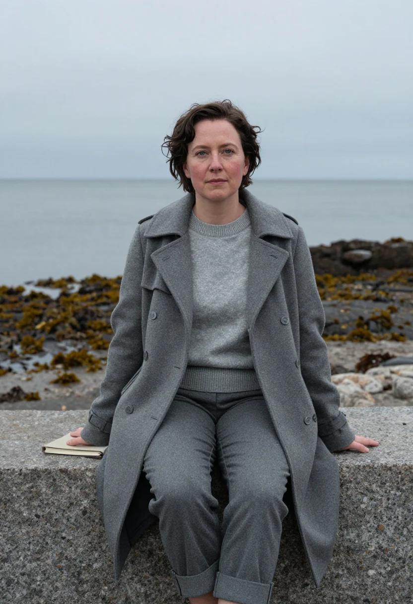 AI rachel carson southport sea grey sample — portrait of a woman, framed three-quarter length from the he