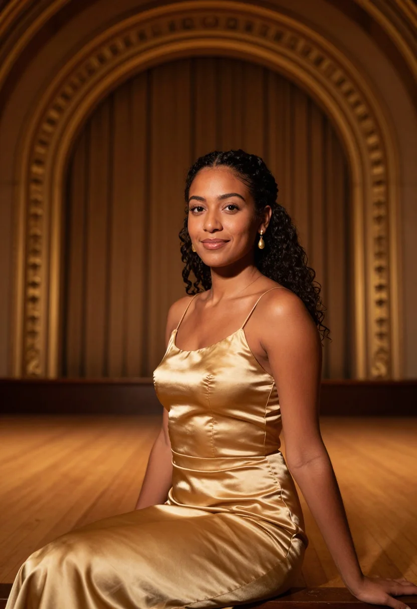 AI radio city performer sunset gold sample — portrait of a woman, Dominican-American, in her early thirti