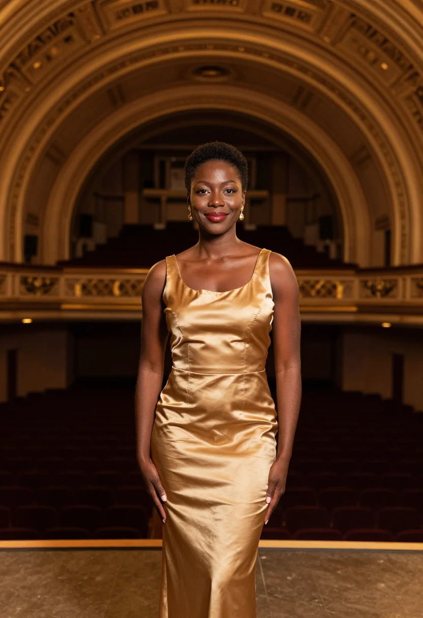 AI radio city performer sunset gold sample — portrait of a woman, African-American, in her mid-thirties,