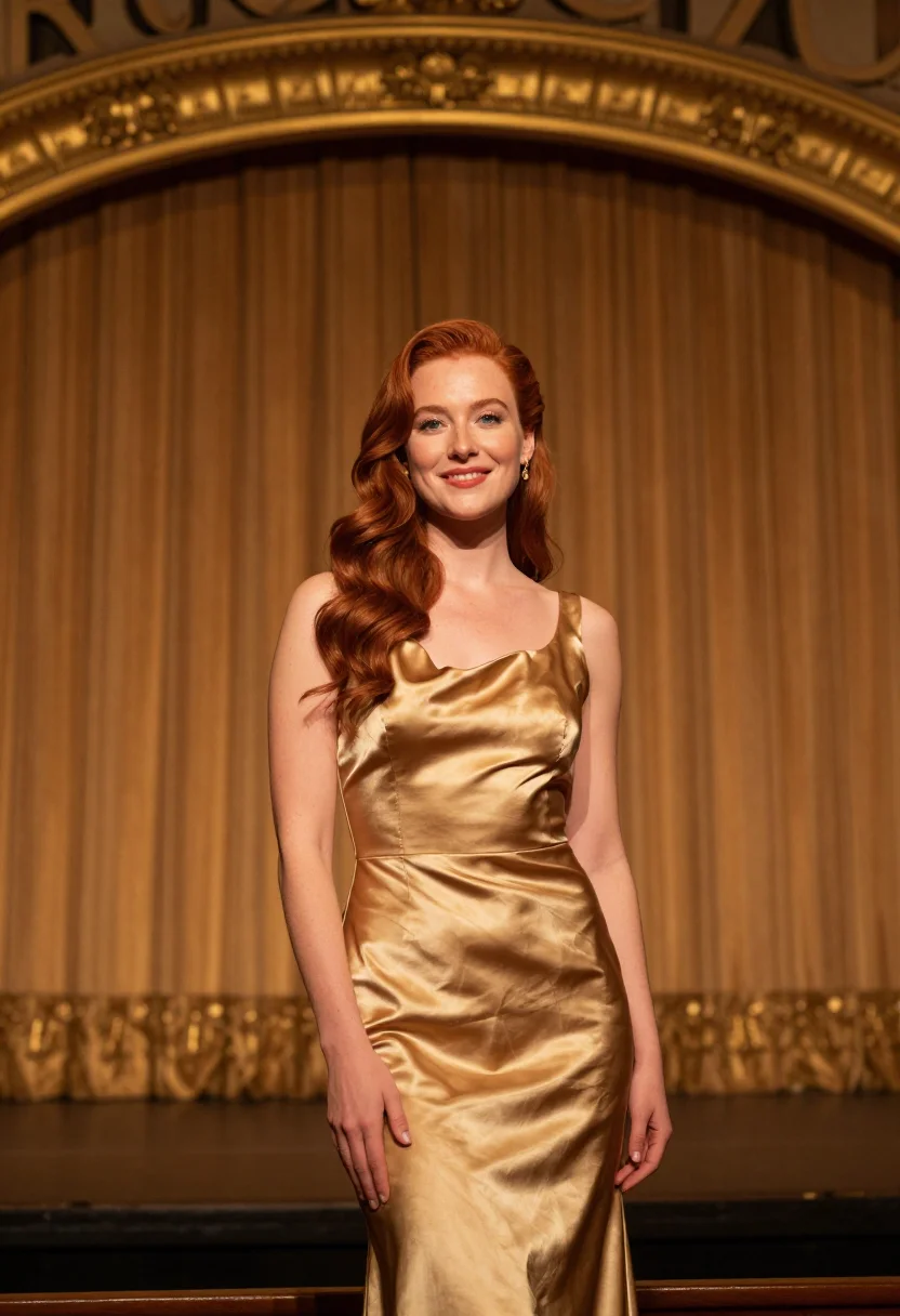 AI radio city performer sunset gold sample — portrait of a woman, of Western-European descent, in her lat