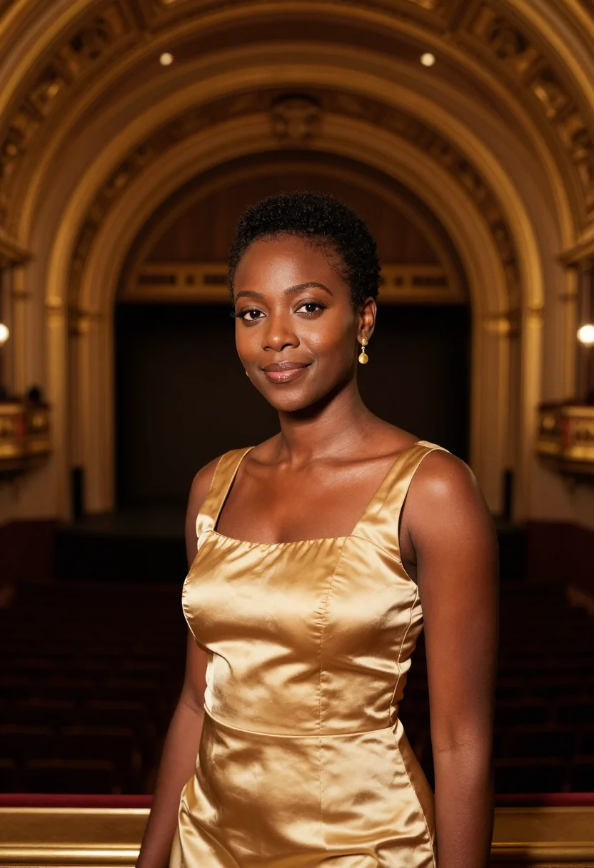 AI radio city performer sunset gold sample — portrait of a woman, African-American, in her mid-thirties,