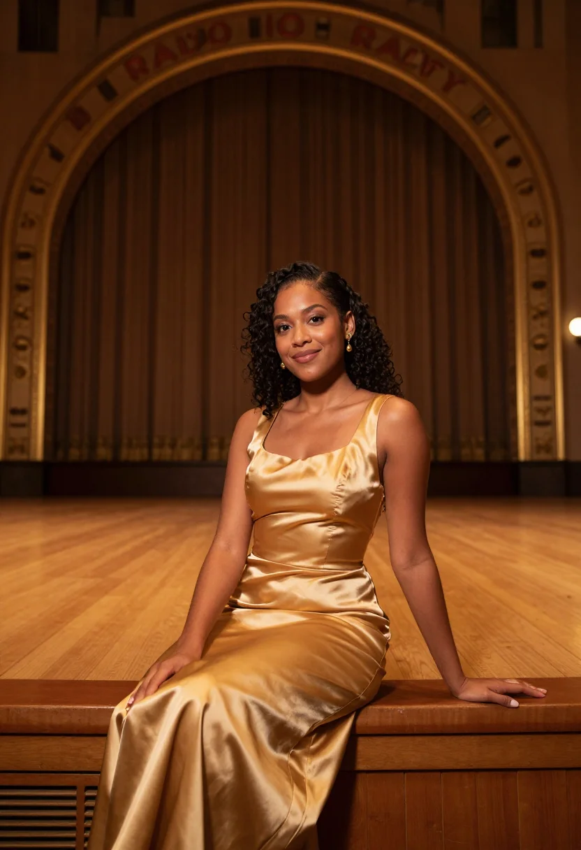 AI radio city performer sunset gold sample — portrait of a woman, Dominican-American, in her early thirti