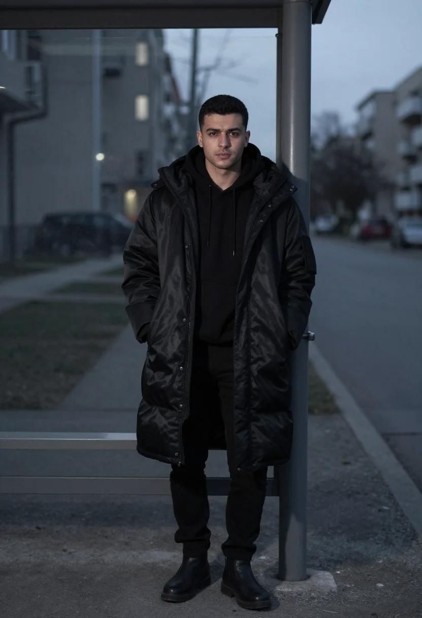 AI raf simons antwerp youth oversized parka black men sample — portrait of a man, a Turkish-Belgian man in his early twenti