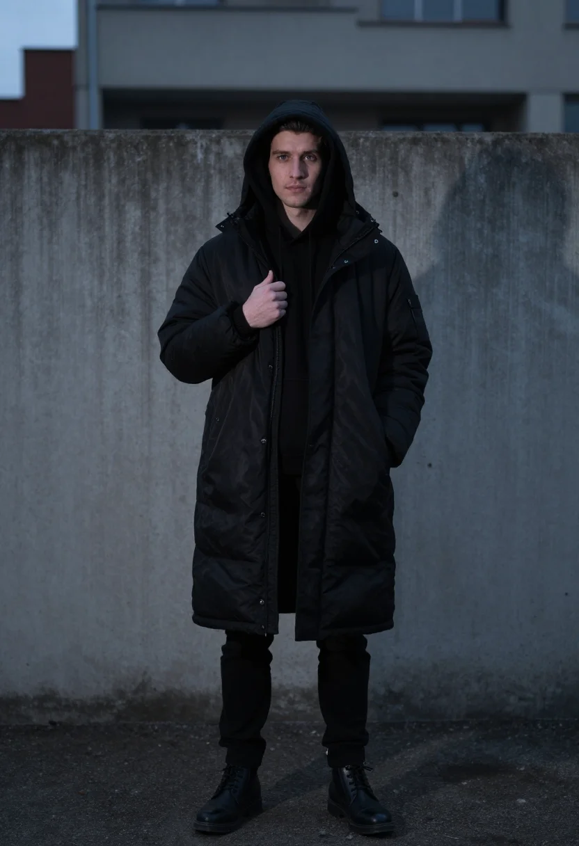 AI raf simons antwerp youth oversized parka black men sample — portrait of a man, a Dutch man in his mid-twenties with fair