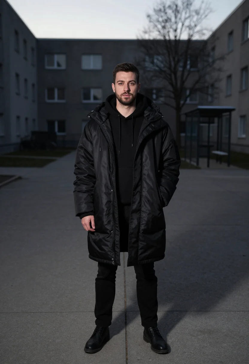 AI raf simons antwerp youth oversized parka black men sample — portrait of a man, a Walloon man in his late twenties with w