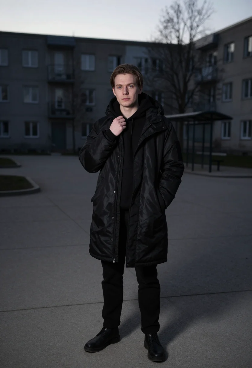 AI raf simons antwerp youth oversized parka black men sample — portrait of a man, a Polish man in his early twenties with f