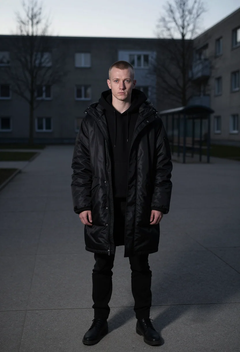 AI raf simons antwerp youth oversized parka black men sample — portrait of a man, a German man in his mid-twenties with fai