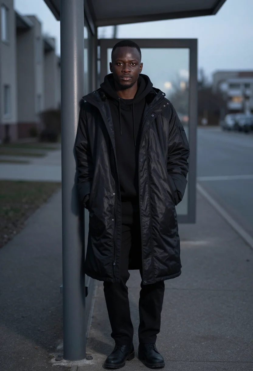AI raf simons antwerp youth oversized parka black men sample — portrait of a man, a Congolese-Belgian man in his early twen