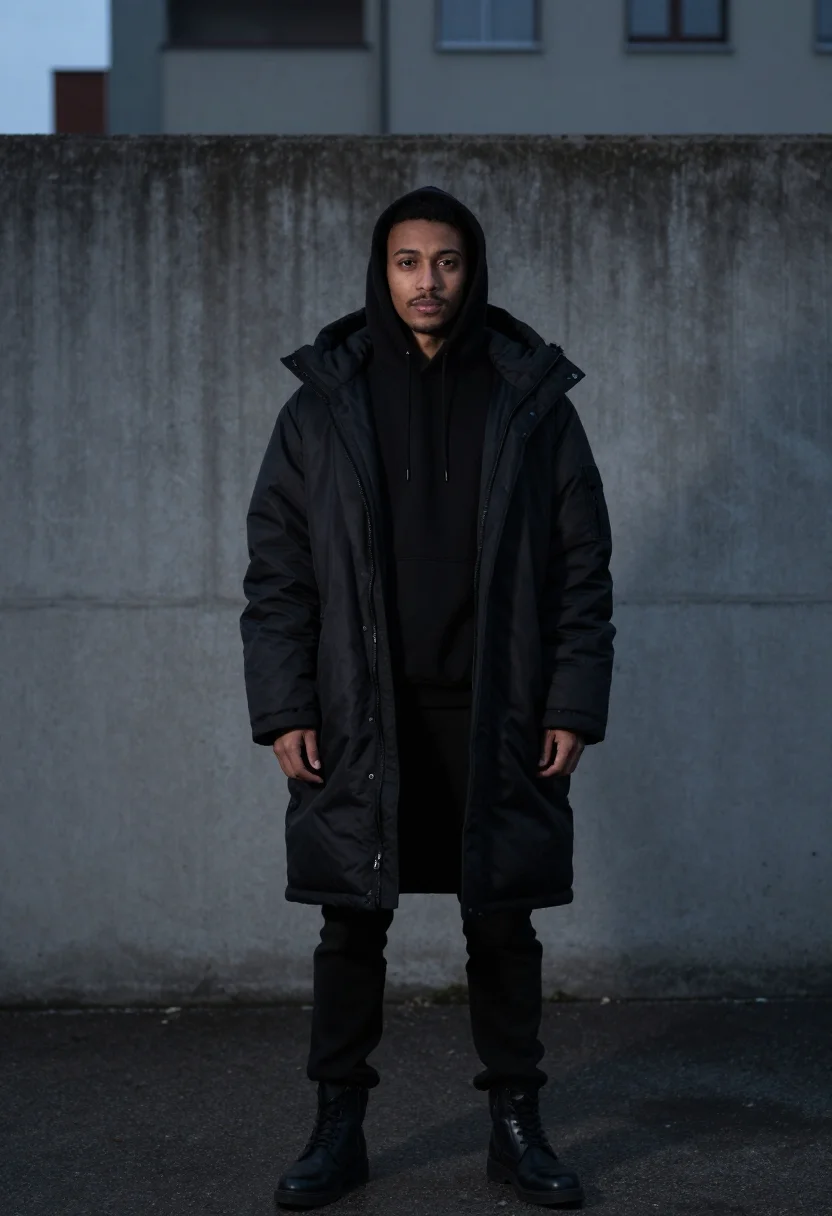 AI raf simons antwerp youth oversized parka black men sample — portrait of a man, a Belgian-Moroccan man in his early twent