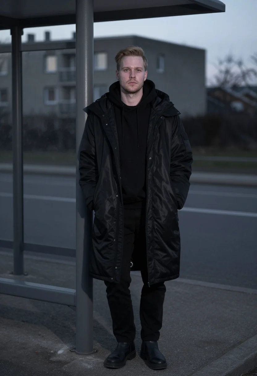 AI raf simons antwerp youth oversized parka black men sample — portrait of a man, a Flemish man in his late twenties with p