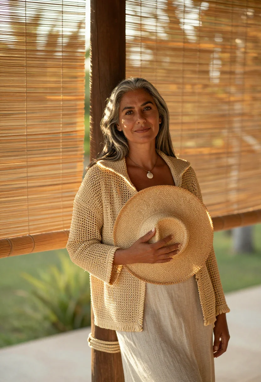 AI raffia straw sample — portrait of a woman, a woman in her forties with honey-brown