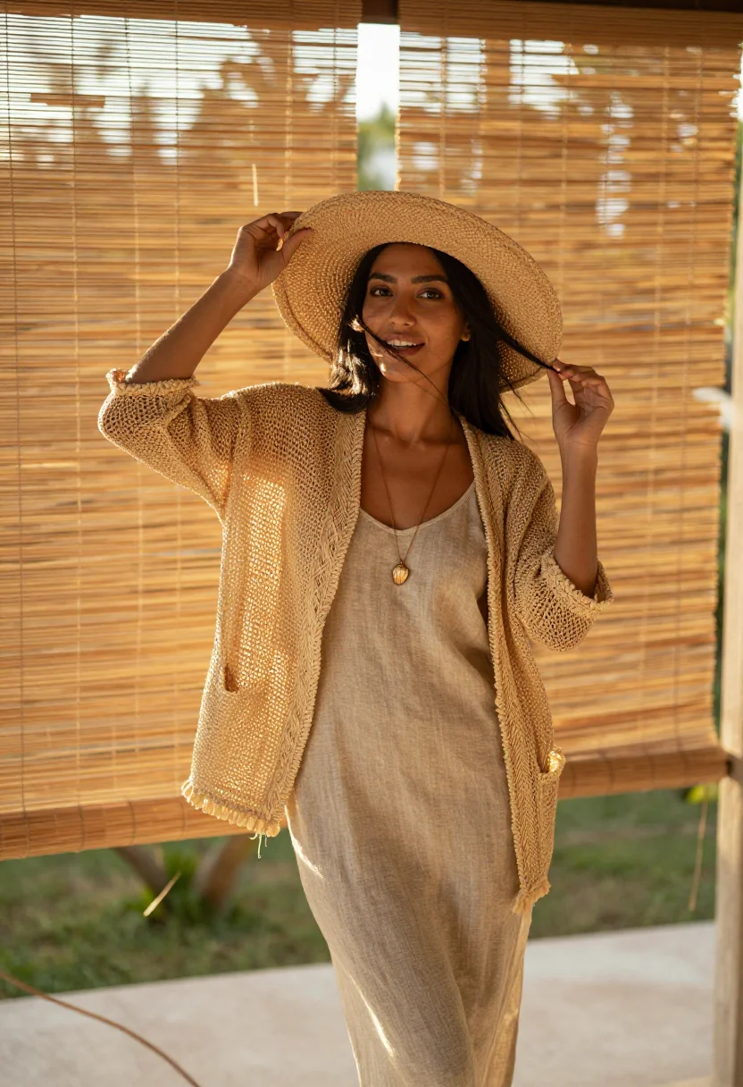 AI raffia straw sample — portrait of a woman, a woman in her twenties with warm olive