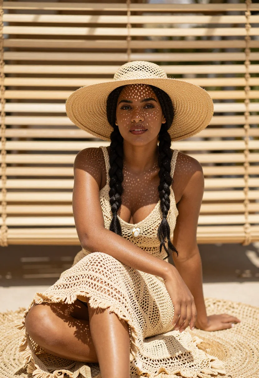 AI raffia straw sample — portrait of a woman, a woman in her mid-twenties with deep b