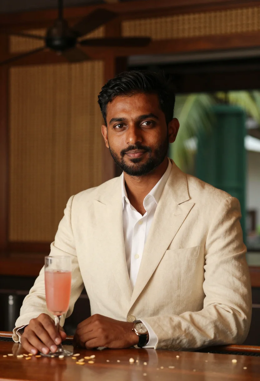 AI raffles long bar sample — portrait of a man, tight bust portrait of a South-Asian man