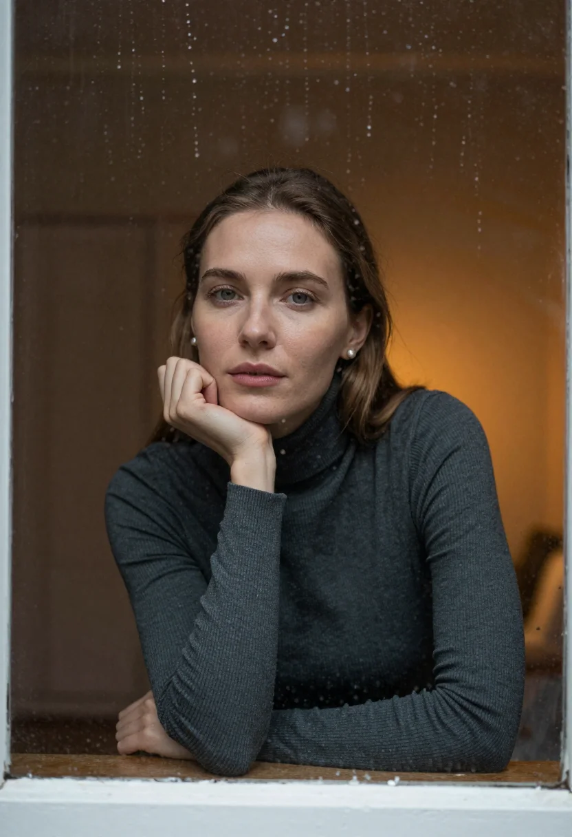 AI rain sample — portrait of a woman, close half-length portrait of a Western