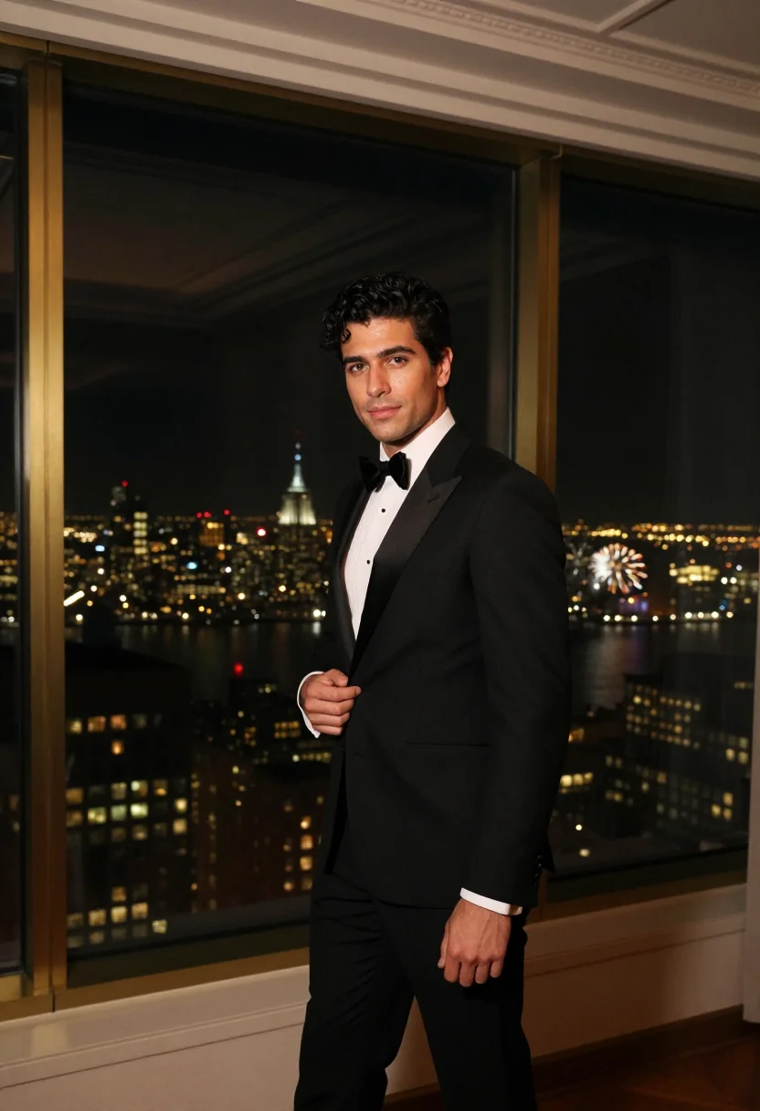AI rainbow room nye sample — portrait of a man, in his late twenties, with olive skin, ha