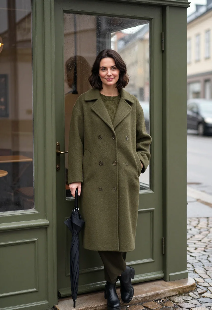 AI rainy cafe window olive sample — portrait of a woman, full-length portrait of a woman in her