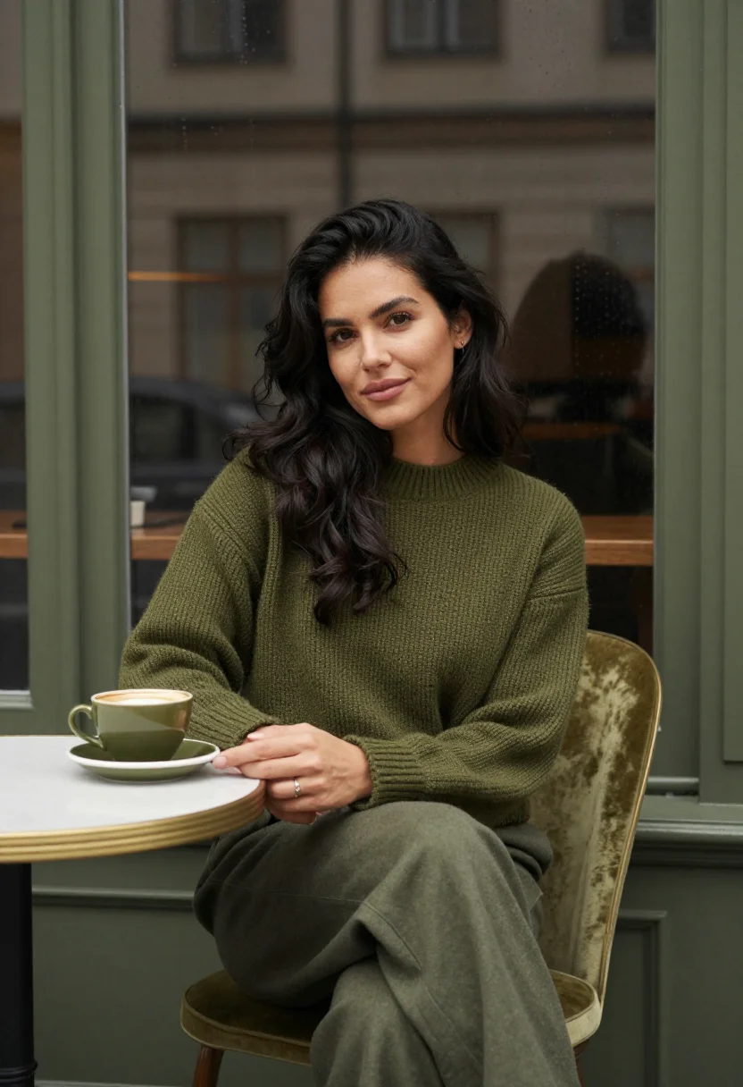AI rainy cafe window olive sample — portrait of a woman, three-quarter-length seated portrait of