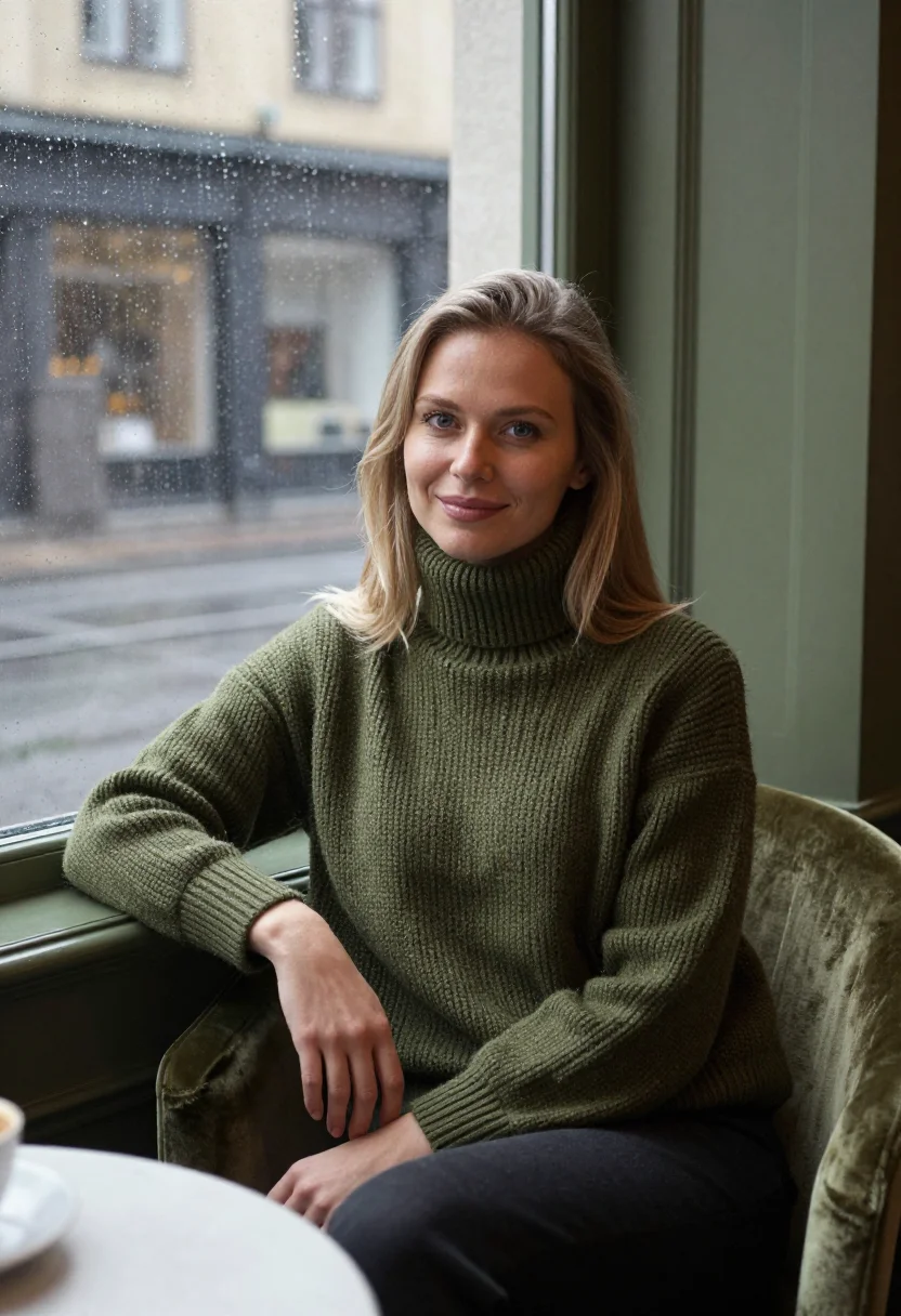 AI rainy cafe window olive sample — portrait of a woman, half-length portrait of a woman in her