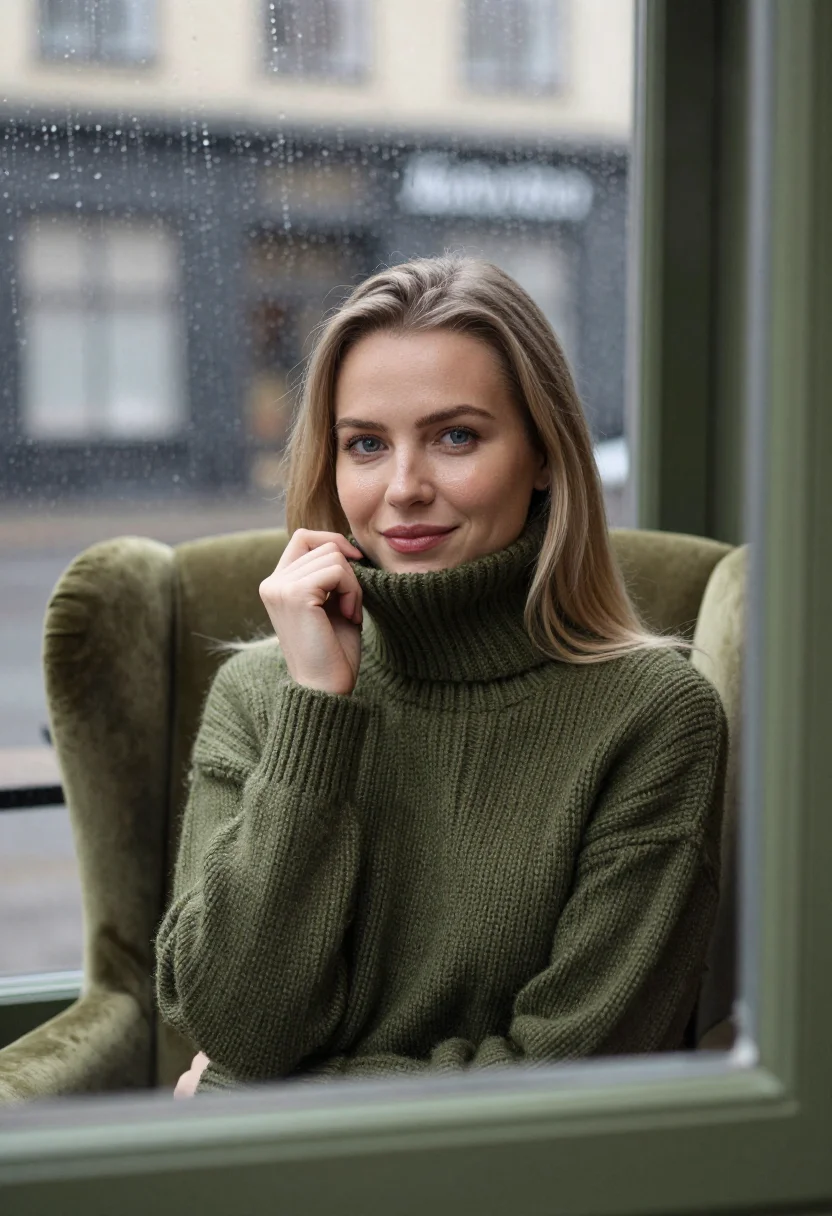 AI rainy cafe window olive sample — portrait of a woman, chest-up portrait of a woman in her lat